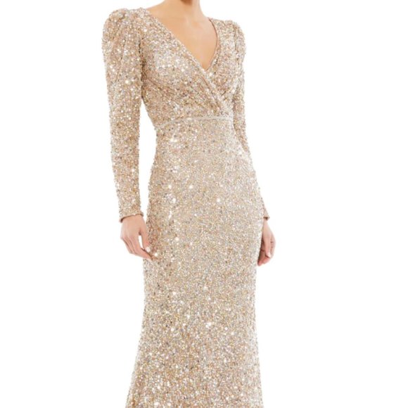 MAC DUGGAL 5510 PUFF SHOULDER SEQUIN SURPLICE SHIMMERING GOLD GOWN sz 16 - Picture 1 of 6